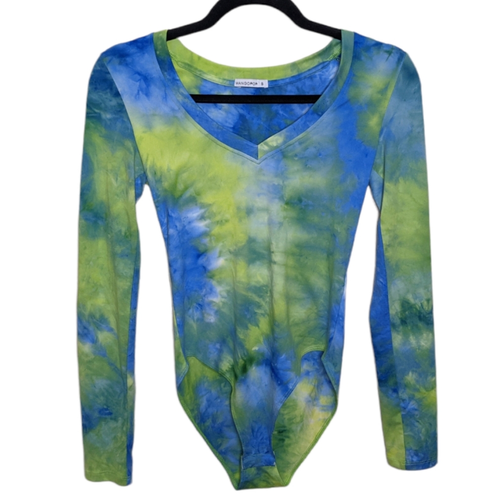 Mangopop Blue Green Tie Dye Long Sleeve Bodysuit 🌈
